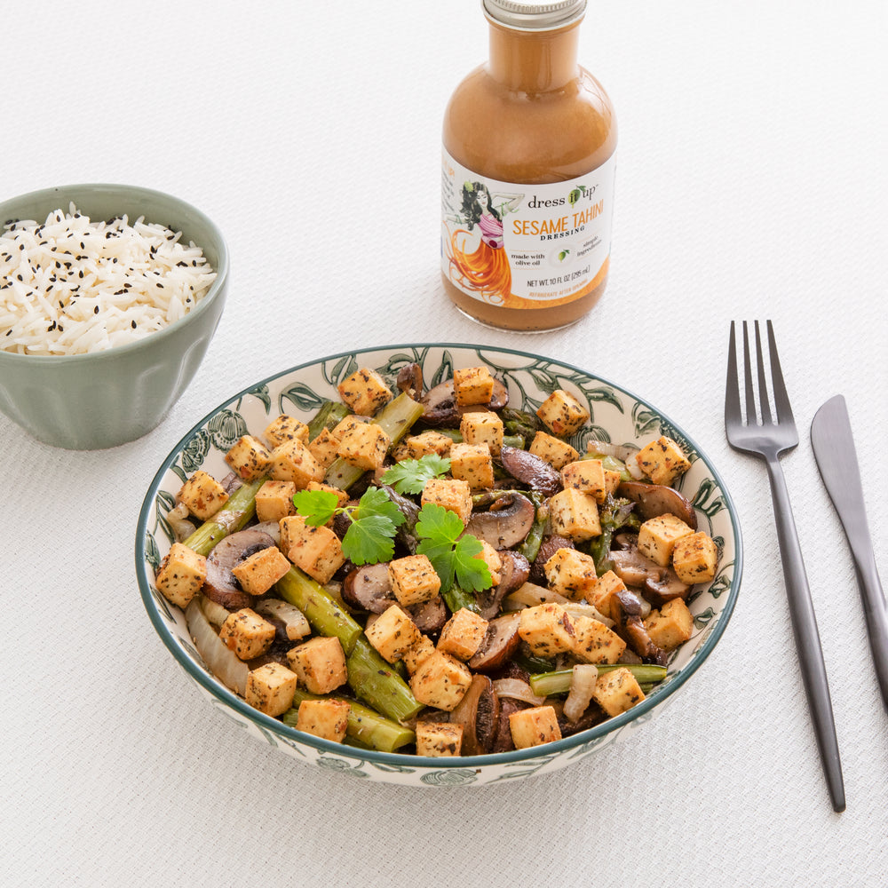 Asparagus Mushroom Bowl with Sesame Tahini Tofu