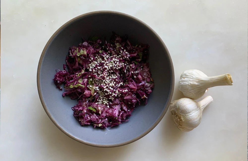 Red Cabbage and Cucumbers with Sesame Tahini Dressing